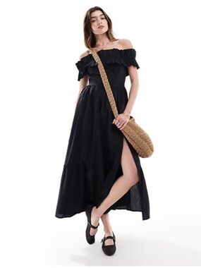 Abercrombie & Fitch Black Off-Shoulder Ruffle Midi Dress, Size Small, NWT